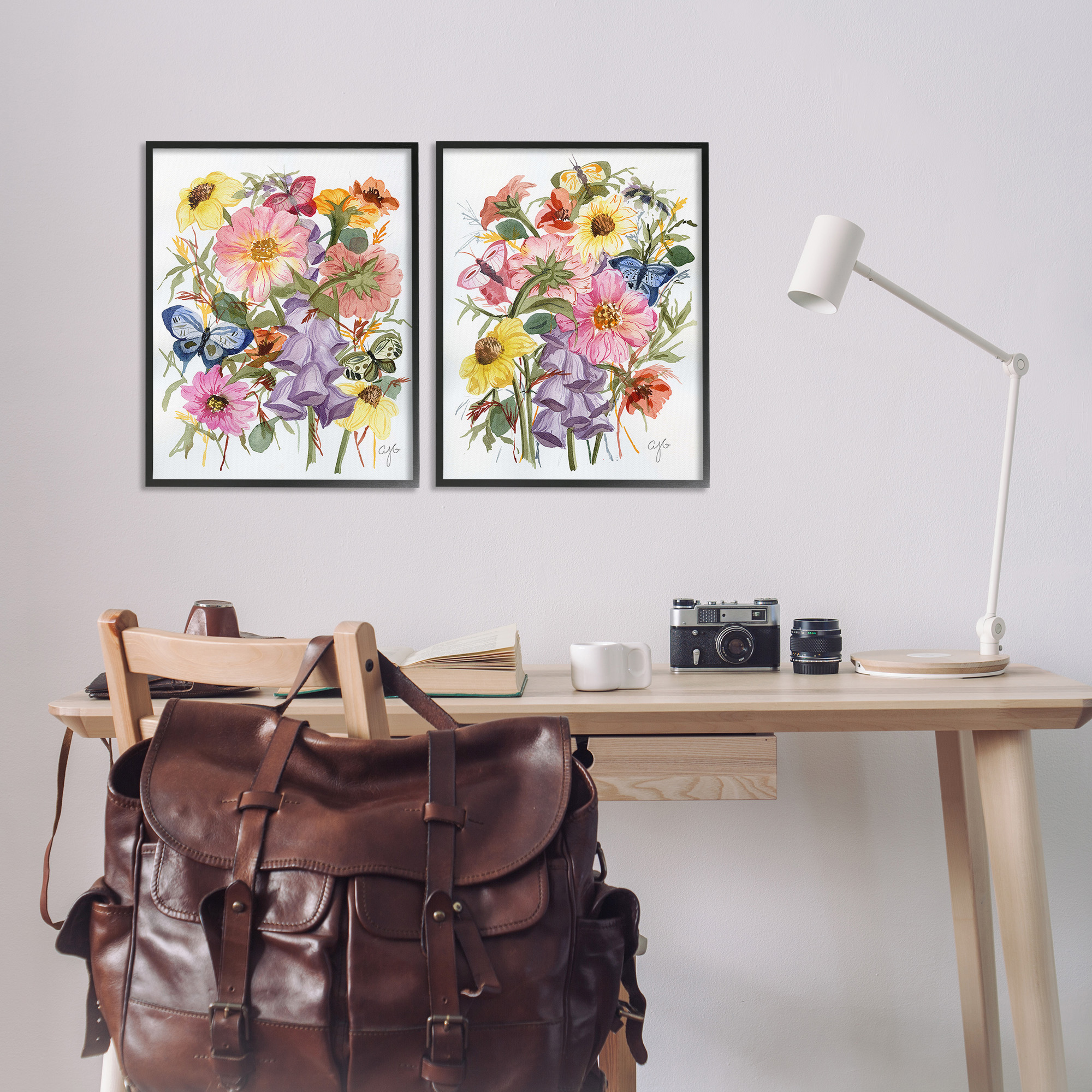 Stupell Industries Traditional Butterflies & Florals Botanical & Floral Painting Black Framed Art Print Wall Art, 16 x 20, Set of 2