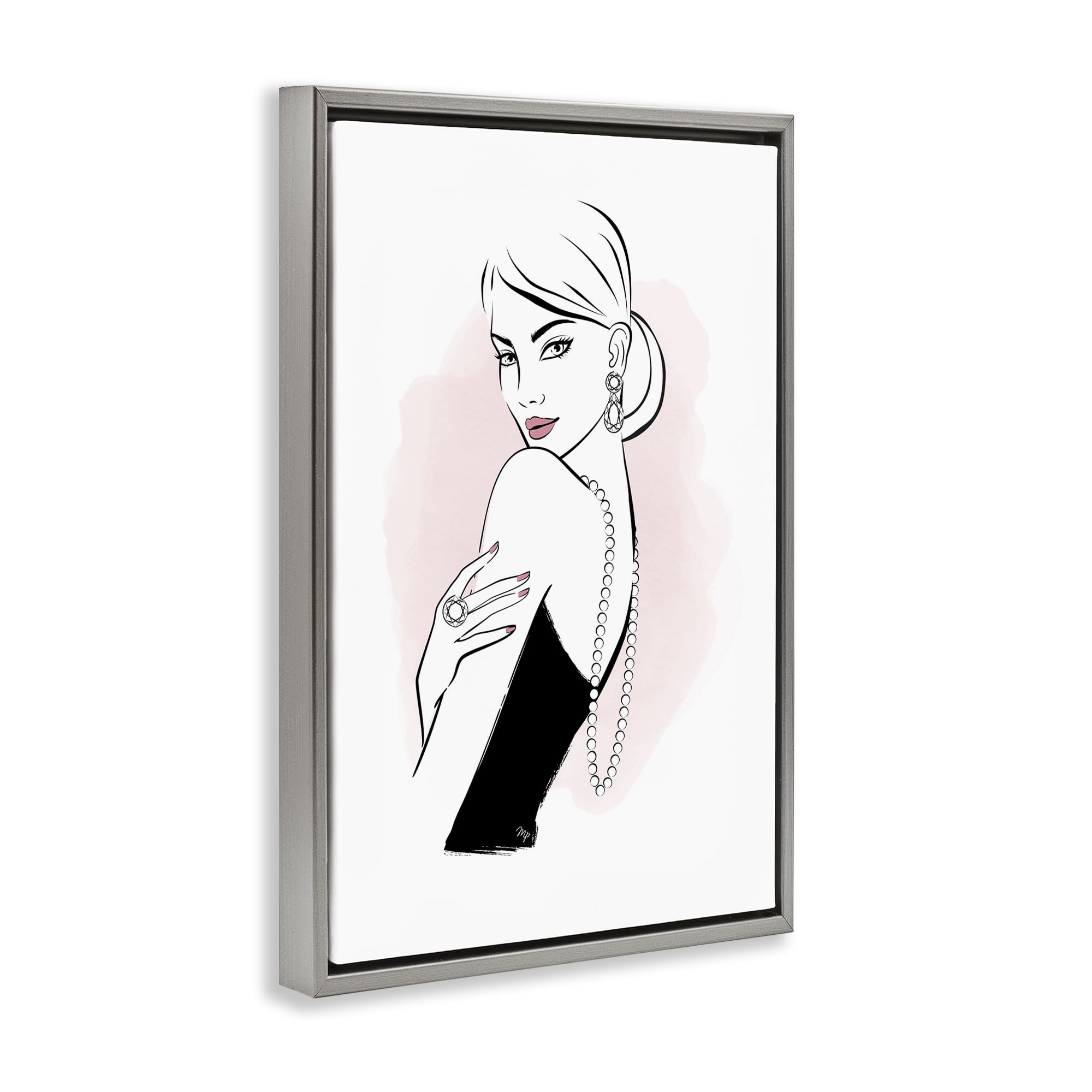 Stupell Industries Diamond Jewelry Girl Novelty Painting Gray Floater Framed Art Print Wall Art, 21 x 31