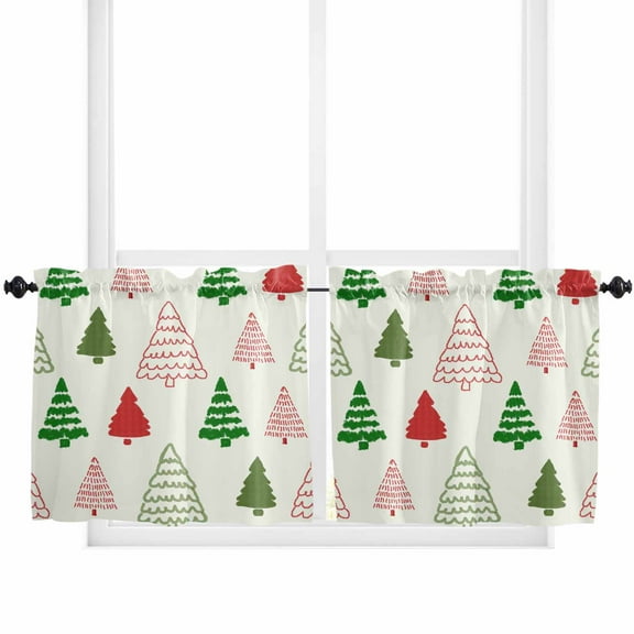 Red Green Christmas Tree Kitchen Curtain 2 Panels Tiers Curtains 24 Inch Length, Xmas Tree Watercolor Curtains Rod Pocket Curtains Window Drapes Treatment Window Cafe Curtains