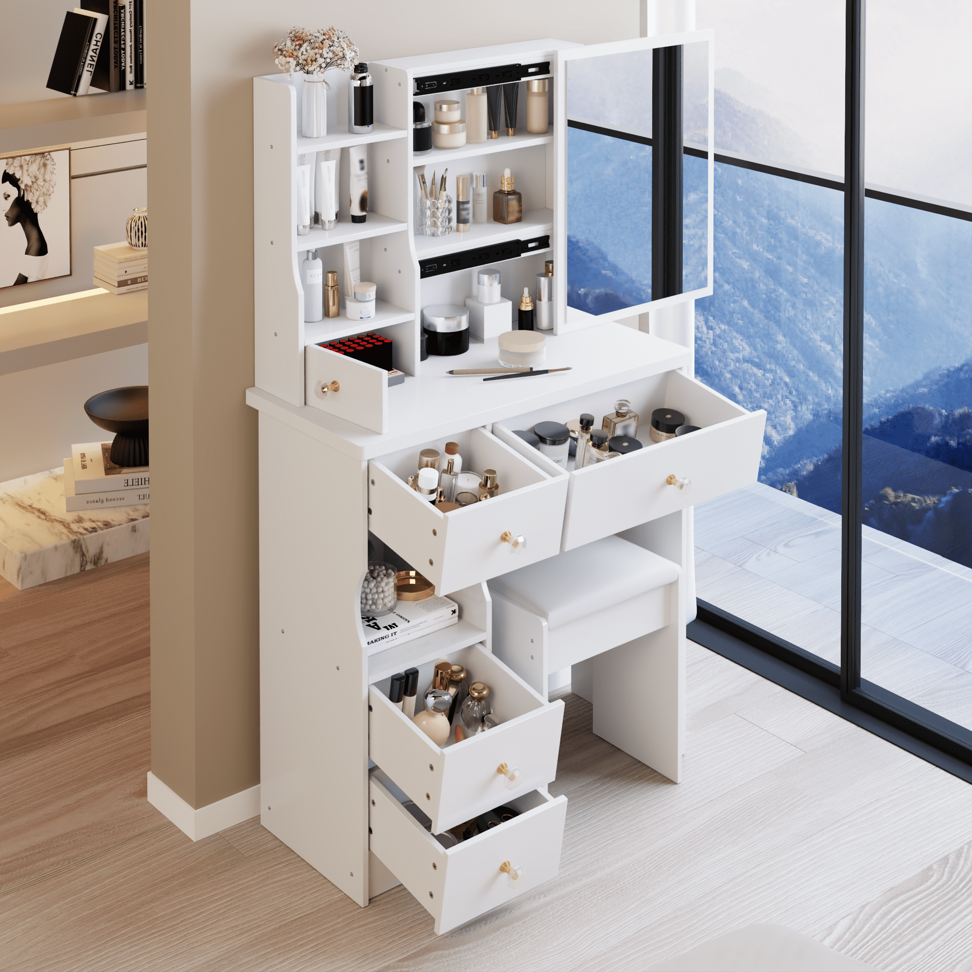 29.2" Small Space Left Drawer Desktop Vanity Table + Cushioned Stool, Extra Large Right sliding mirror, Multi Layer High Capacity Storage, Practical Fashionable Dresser