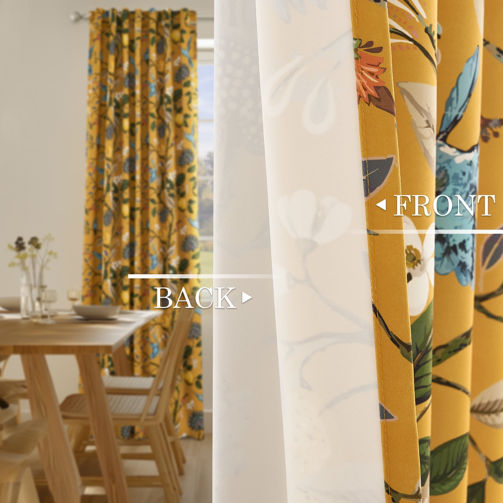 Topfinel Fancy Hummingbird Patterned Curtain,Mustard Yellow Curtains for Living Room, Thermal Insulated Blackout Curtains for Bedroom, Floral Vintage Lemon Curtains 96 inch Length 2 Panels Set