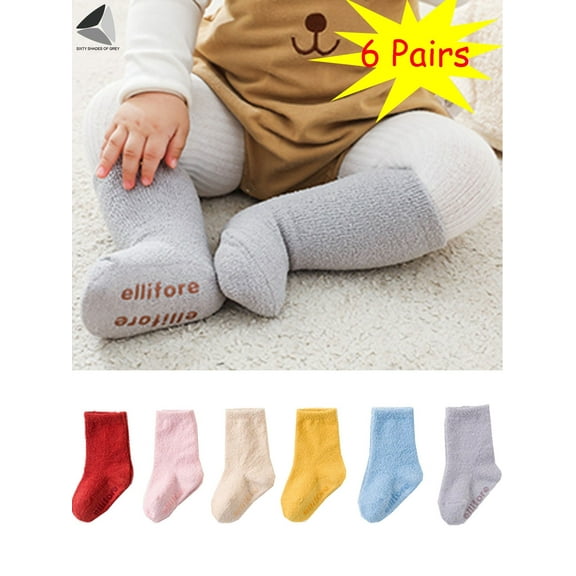 PULLIMORE 6 Pairs Baby Girls Socks Fleece Lined Anti Slip Crew Sock for Newborn Baby Infant Toddler Kids (0-12 Months, 6 Colors)