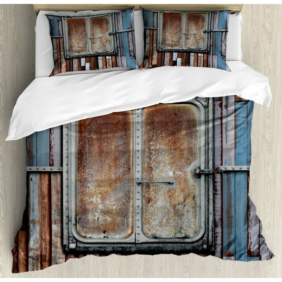 Rustic Duvet Cover Set Queen Size, Marine Wooden Colored Planks with Old Rusty Ship Door Sea Life Art Print, Decorative 3 Piece Bedding Set with 2 Pillow Shams, Blue Brown and White, by Ambesonne