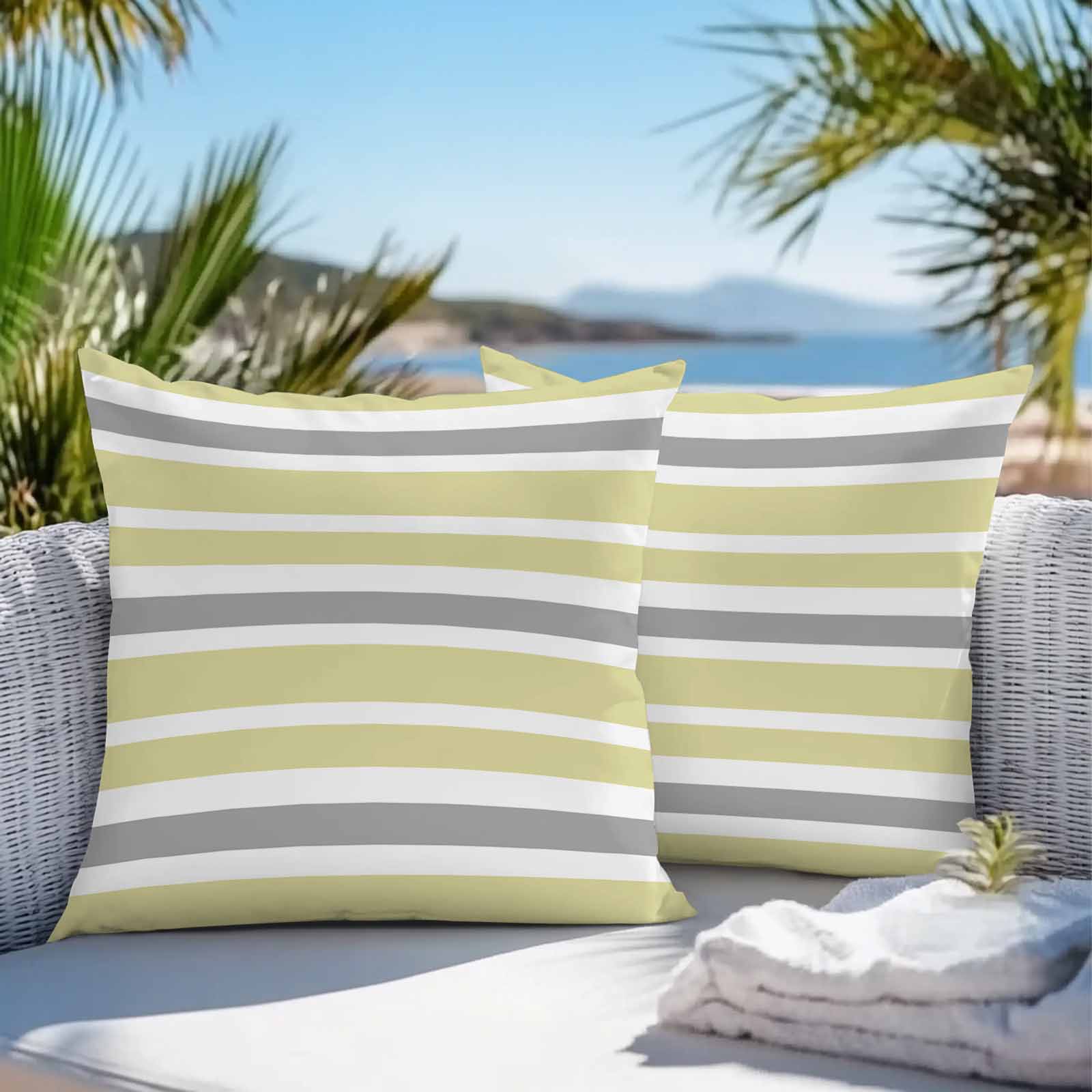 Outdoor Waterproof Throw Pillow Covers Set of 2 Yellow, Grey and White Stripes Decorative Pillowcases Outdoor Pillows Cushion Case 18x18 Inch Striped Pattern Patio Pillows for Couch Sofa Bed Garden