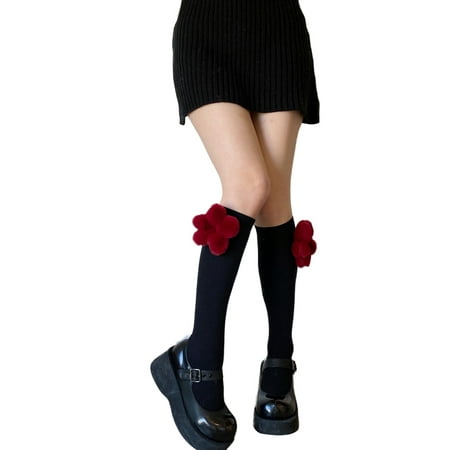 

Women s Knee High Cotton Sock 3D Plush Heart/Flower Decor Stocking For Teen Girl