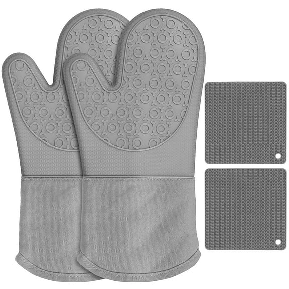 500°F Heat-Resistant Silicone Oven Mitts and Pot Holders Set, Extra Long Non-Slip Waterproof Kitchen Gloves with Soft Cotton Lining for Cooking, Baking, BBQ, Gray