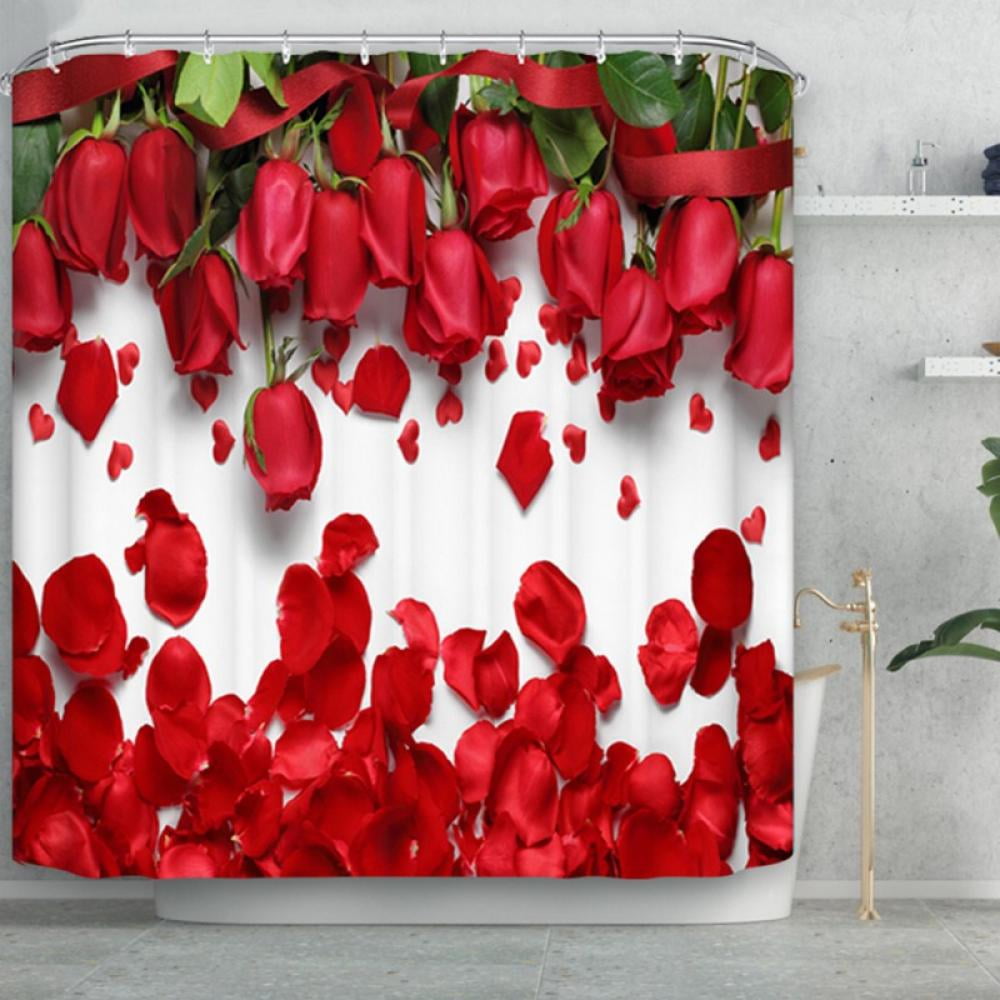 Rose Flower and Red Heart Bathroom Waterproof Fabric Shower Curtain & 12 Hooks