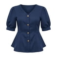 thumbnail image 7 of Ytndtr Women's Fashion Casual Solid Color V-Neck Buttoned puff sleeves Top, 7 of 7