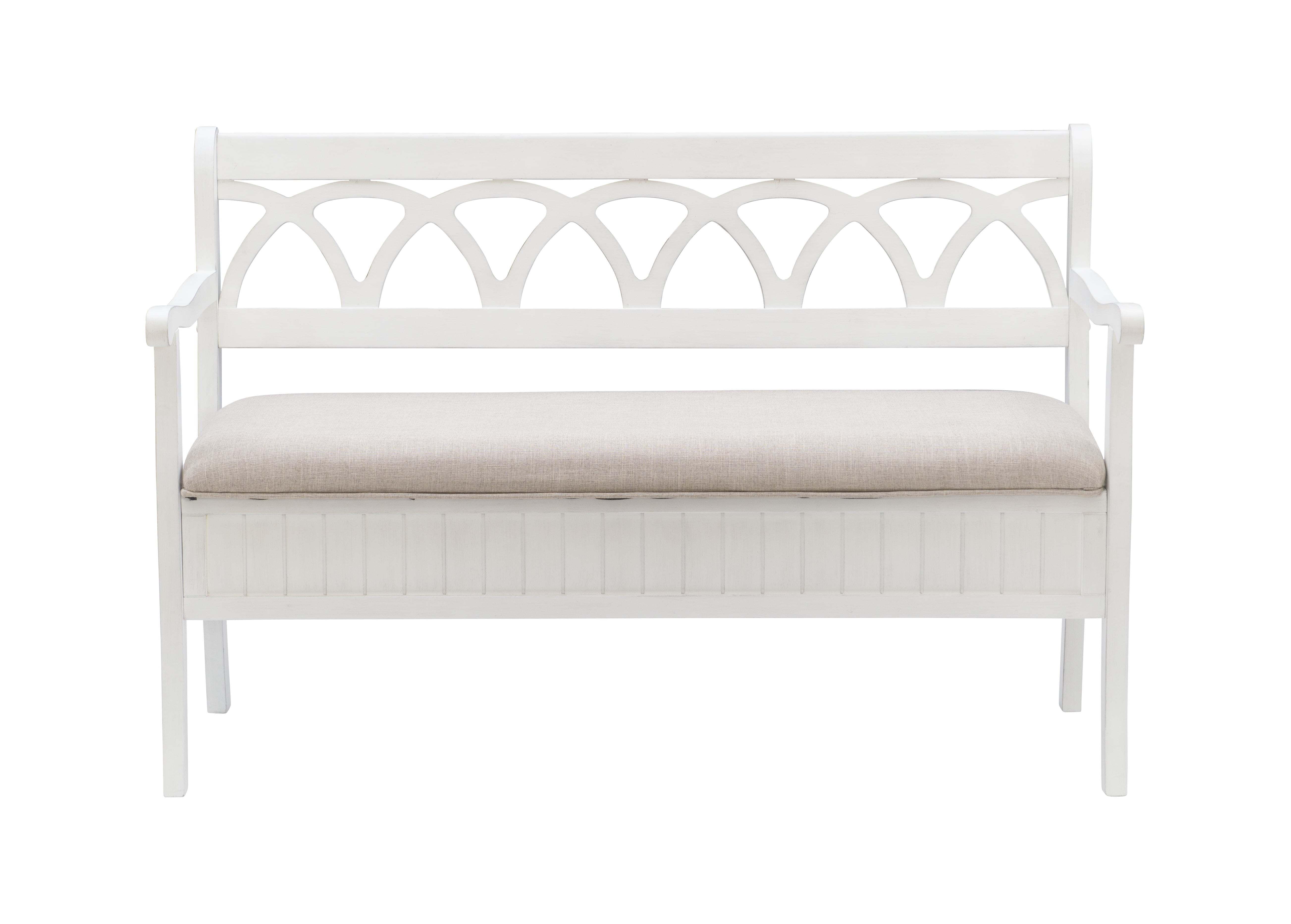 Linon Elliana Storage Bench Beige Padded Seat Cutout Back Design in White Wood