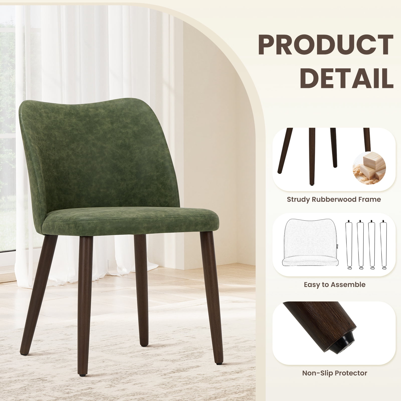 EOP Upholstered Dining Chairs Set of 2, Mid Century Modern Dining Room Chairs, Fabric Farmhouse Dining Side Chairs with Wood Legs, Armless Kitchen Chairs with Wingback, Green