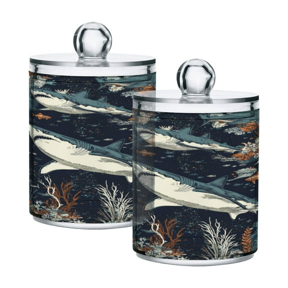 2 Pack Bathroom Canisters Transparent Storage Jar for Cotton Ball, Swab, Floss Sharks and Sea Creatures