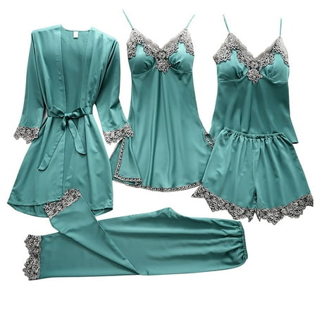 

Summer Savings Clearance! EINCcm Pajamas for Women 5 Pieces Satin Floral Lace Camisole Top Lingerie Pajama Set with Robe Green XL