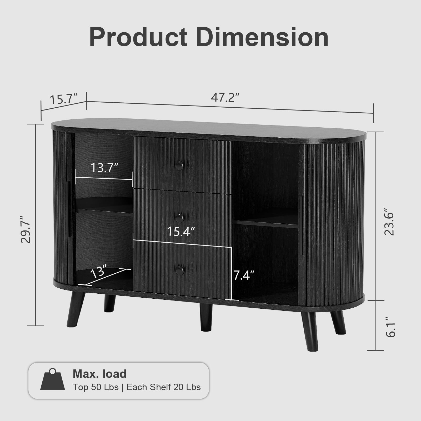 Hommoo Sideboard Buffet Cabinet with 2 Sliding Tambour Doors and 3 Drawers, Credenza Storage Cabinet with Adjustable Shelves for Living Room, Black