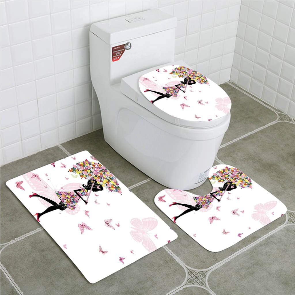 Floral Butterfly Pint 3 Piece Bathroom Bath Set Rug Contour Mat Toilet Lid Cover 