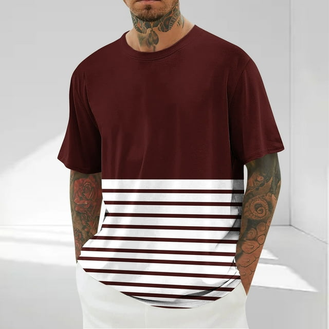 Styesk T-Shirts pour Hommes Manches Courtes Décontractées Rayées Imprimées Col Rond Épaules Dénudées
