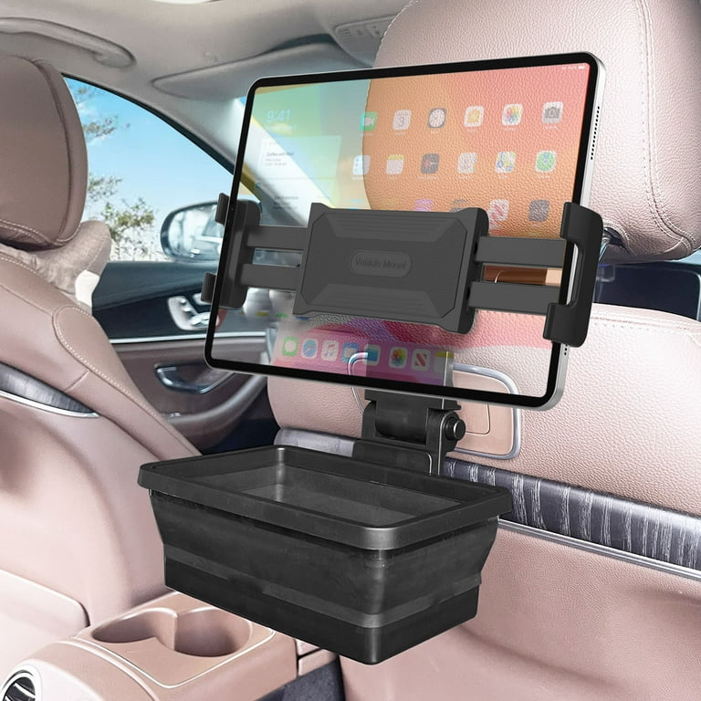 Car Headrest Tablet Holder with Collapsible Cup Holder, Tablet Holder  Compatible with iPad Pro Air Mini, Galaxy Tabs and Other 5.1-8.6 Devices,  Storage Box Food Tray for Cup Food Sauce Snack Water 