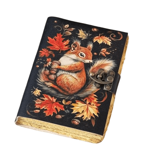 Handmade Leather Journal with Autumn Squirrel Artwork – 5x7 inch Vintage Notebook, 200 Handmade Paper Pages, Locking Clasp, Artisan Sketchbook & Diary
