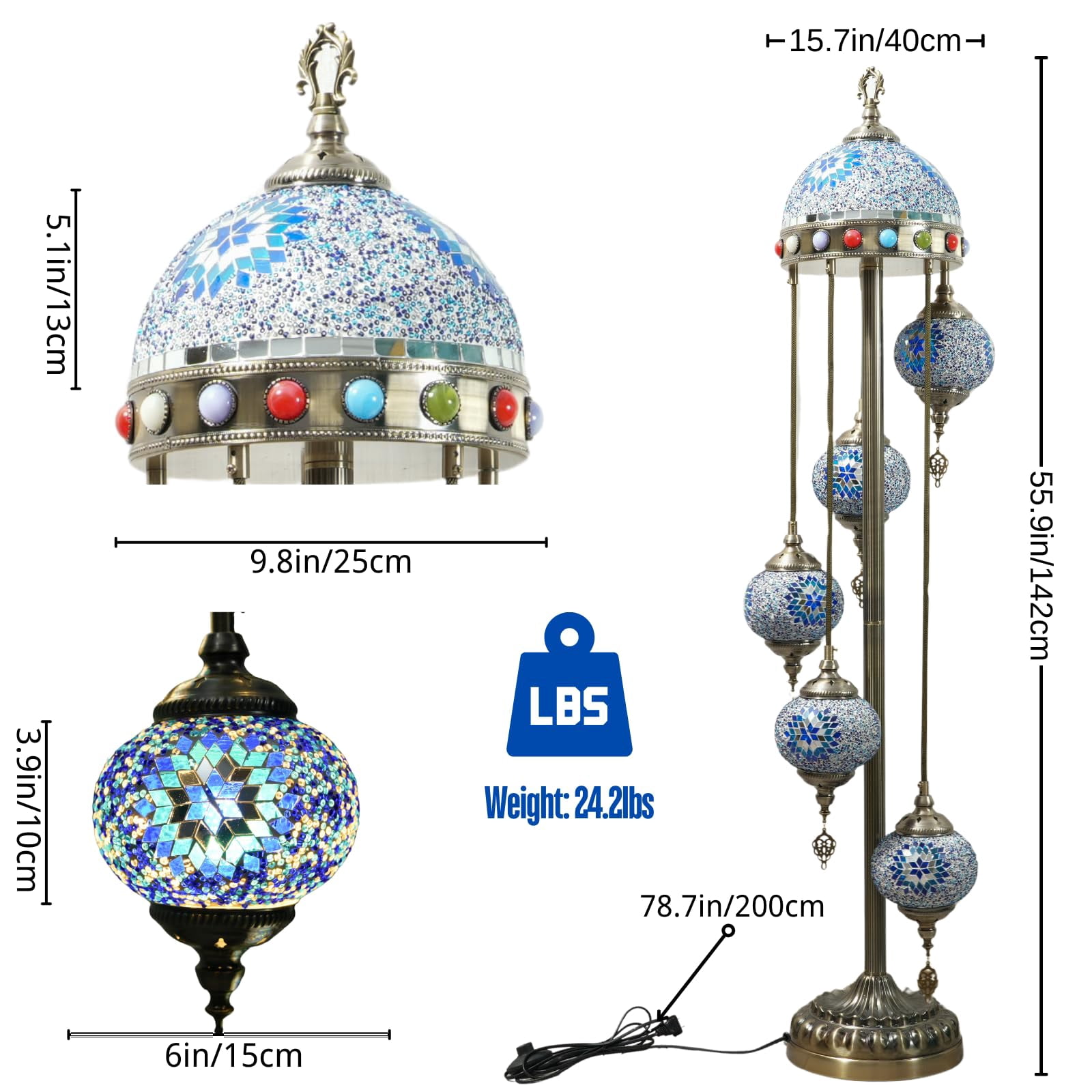 Turkish Mosaic Floor Lamp, Moroccan Lamp with Upgraded Shade, 56 Inch Metal Base, 5 Blue Globes Lamp for Home Decor