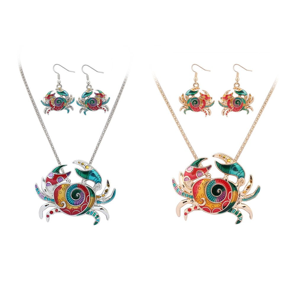 Stylish Womens Necklace Earings Set Colorful Enamel Crab Pendant /& Eardrops Party Earbob Pendant Jewelry Accessories