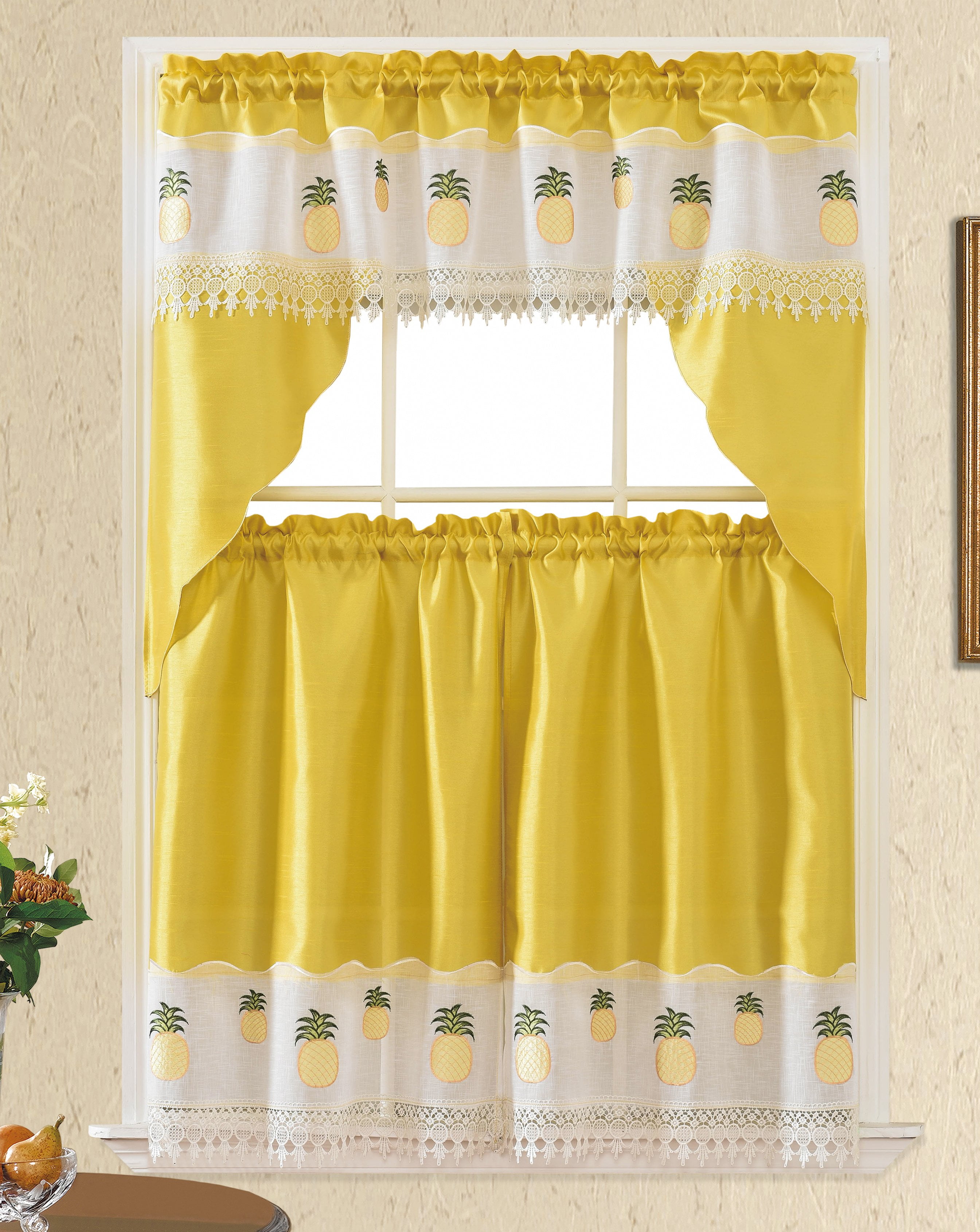 Swag Set 3 Pieces Embroidery Blue Daisy Flower Couple Kitchen/cafe Curtain Tier 