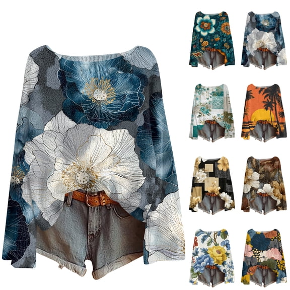 Wutalume Women's Lightweight Sweater Casual Long Sleeve Knitted Vintage Floral Print Pullover, Soft Boho Style Top for Relaxed Occasions,Black L