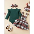 thumbnail image 3 of Arvbitana Baby Girls 3Pcs Outfits Solid Color Ribbed Long Sleeve Romper + Ruffles Plaid Suspender Skirts + Headband Sets Infant Daily Clothes 3M 6M 12M 18M, 3 of 9