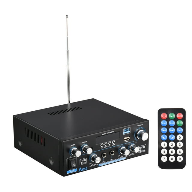 AK-55 Audio Power Amplifier Home Car Karaoke Amplifier Digital Audio PA Receiver 2 Microphone Input with Remote Control 2 Channel 70W+70W for Car Home Use
