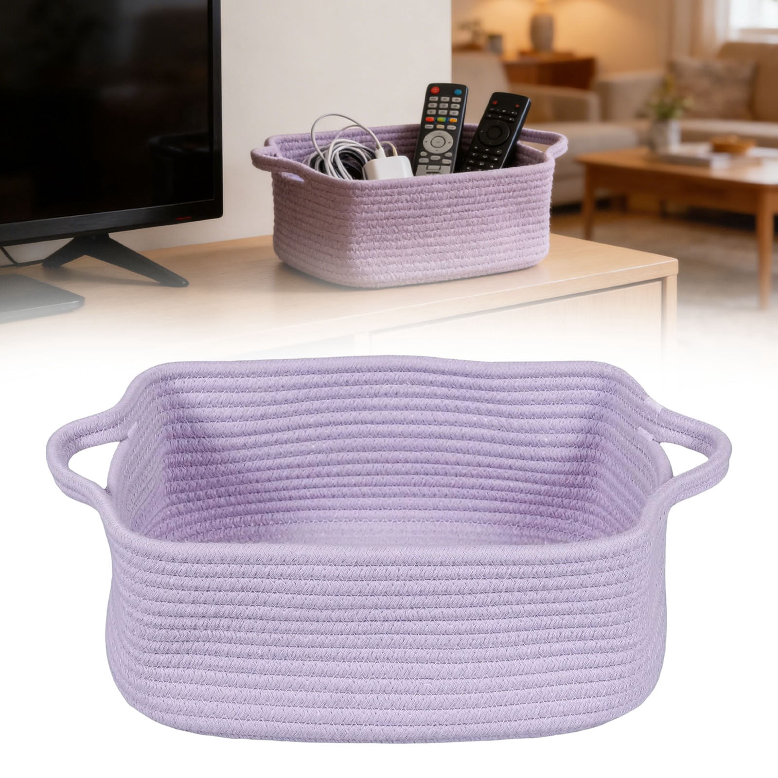 RUIKI 1Pc Purple rope basket, black storage bin, rectangular storage basket with handles, for toy, gift, storage
