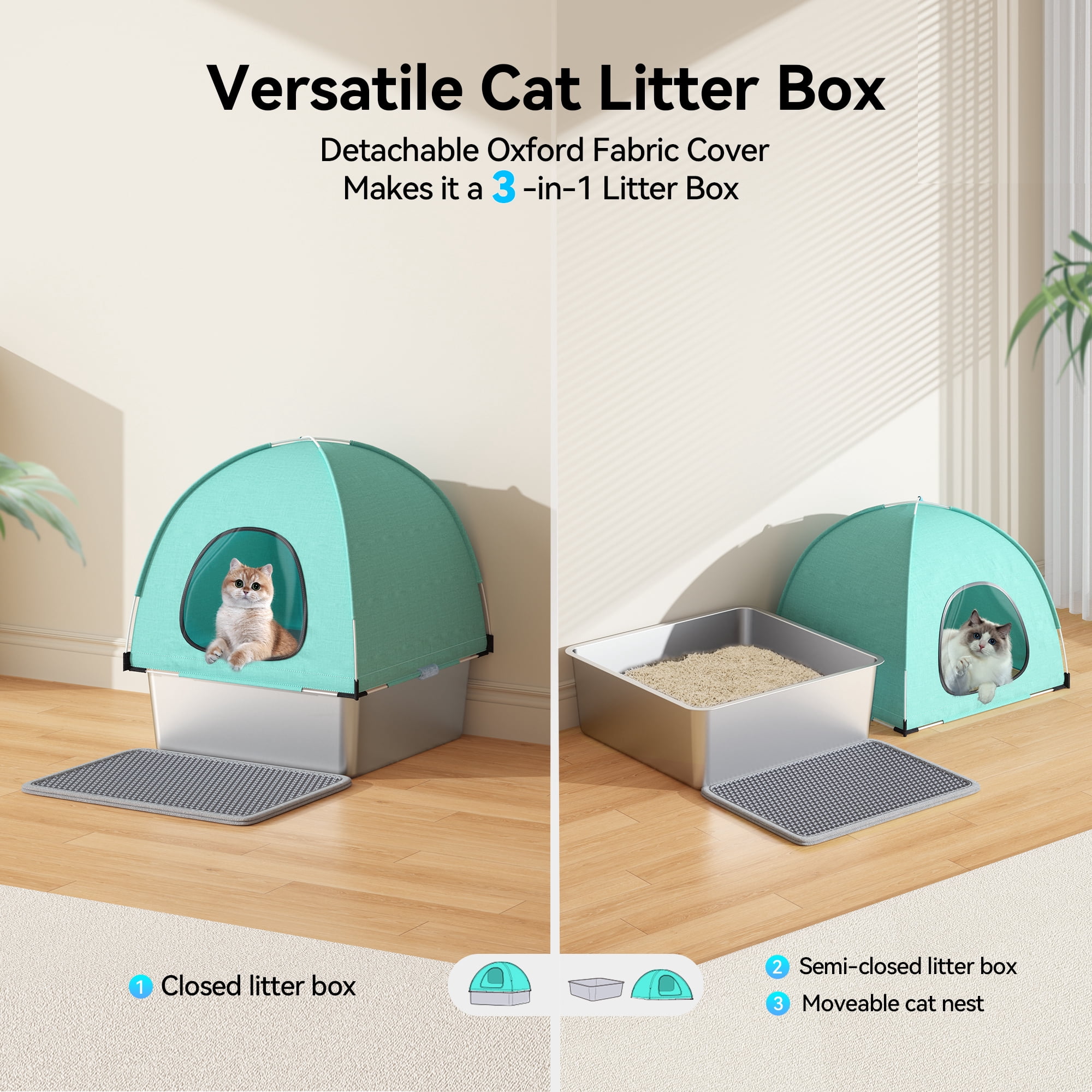 Stainless Steel Cat Litter Box with High-Sided Oxford Fabric Cover,Extra Large Square,Easy to Clean