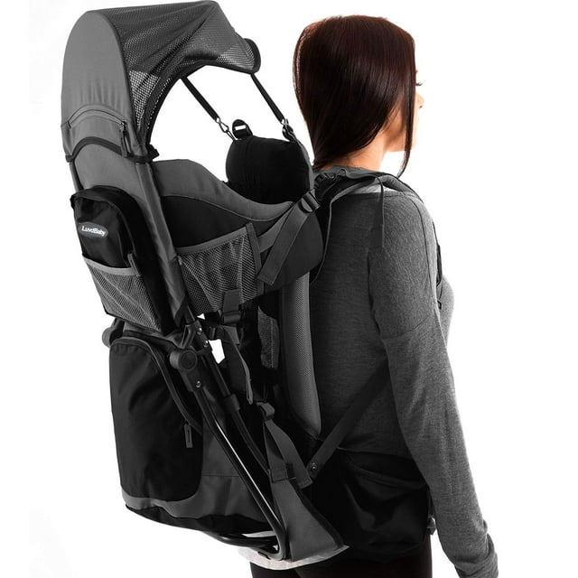 Mochila portabebés para senderismo: cómodo sistema de portabebés para niños pequeños/bebés con almohadilla para cambiar pañales, bolsillo aislado + capota para lluvia y sol para proteger a su hijo