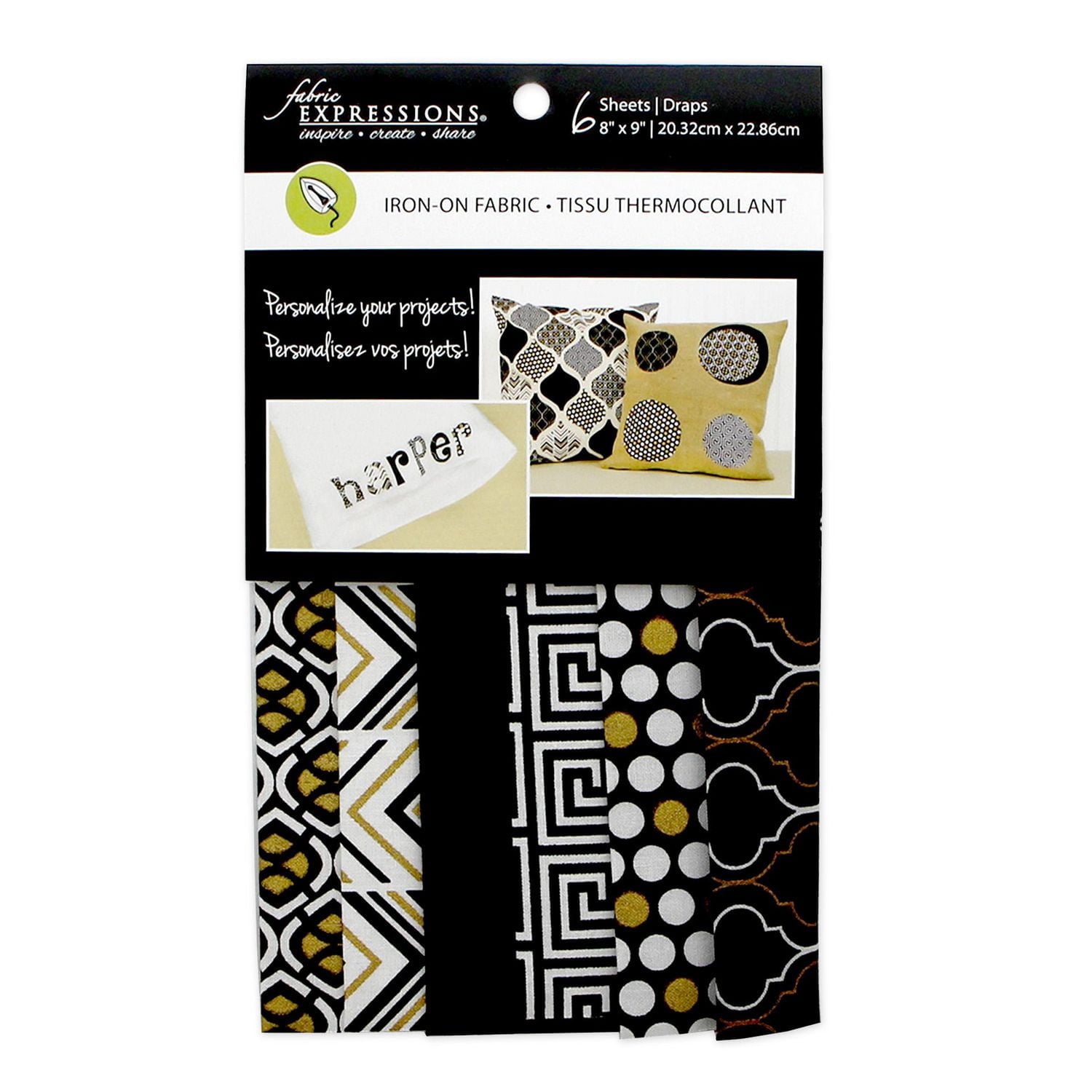 Fabric Expressions Black, Gold & White 8" X 9" Iron-On Fabric Sheets