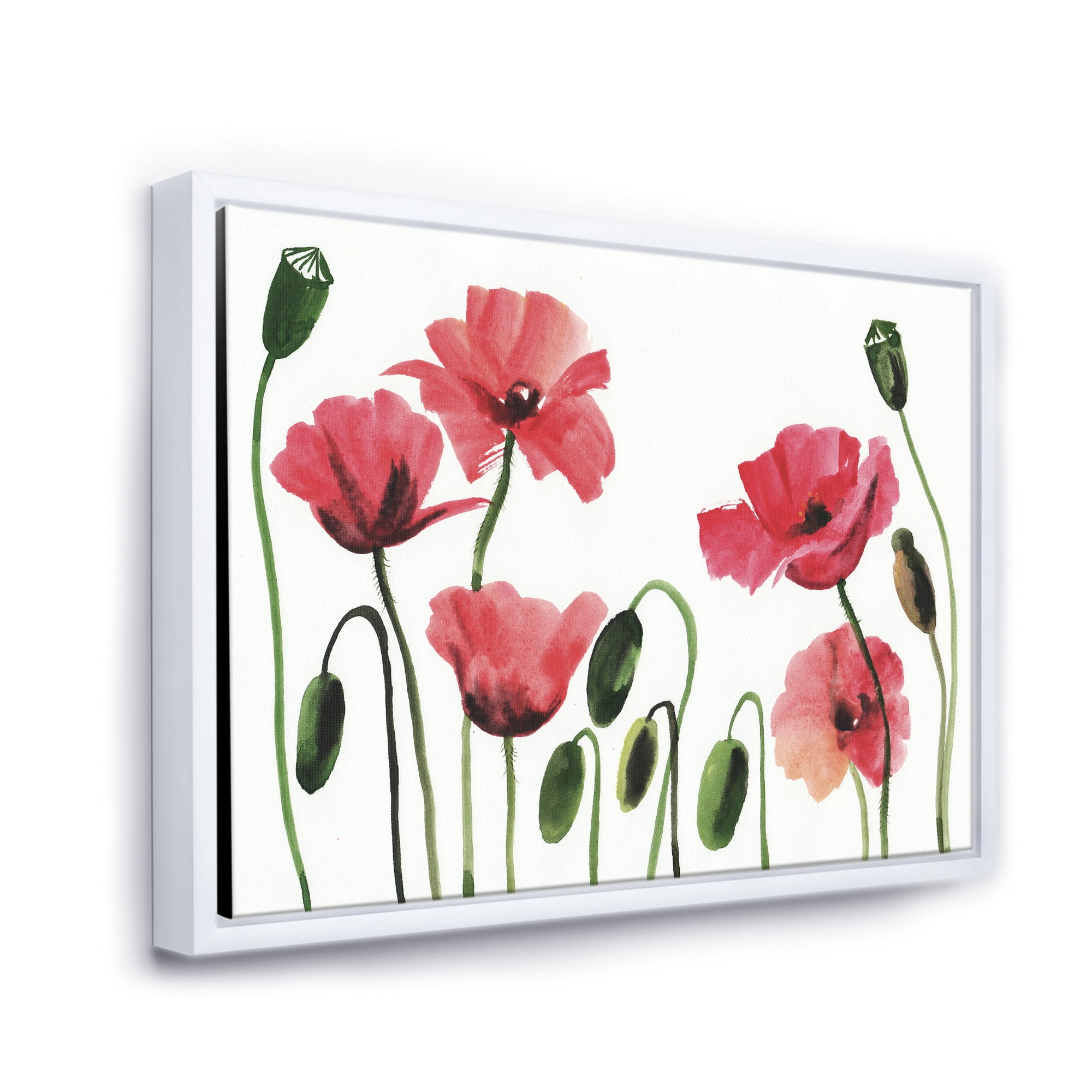 Ancient Red Blooming Poppies 40 in x 30 in Framed Painting Canvas Art Print, by Designart
