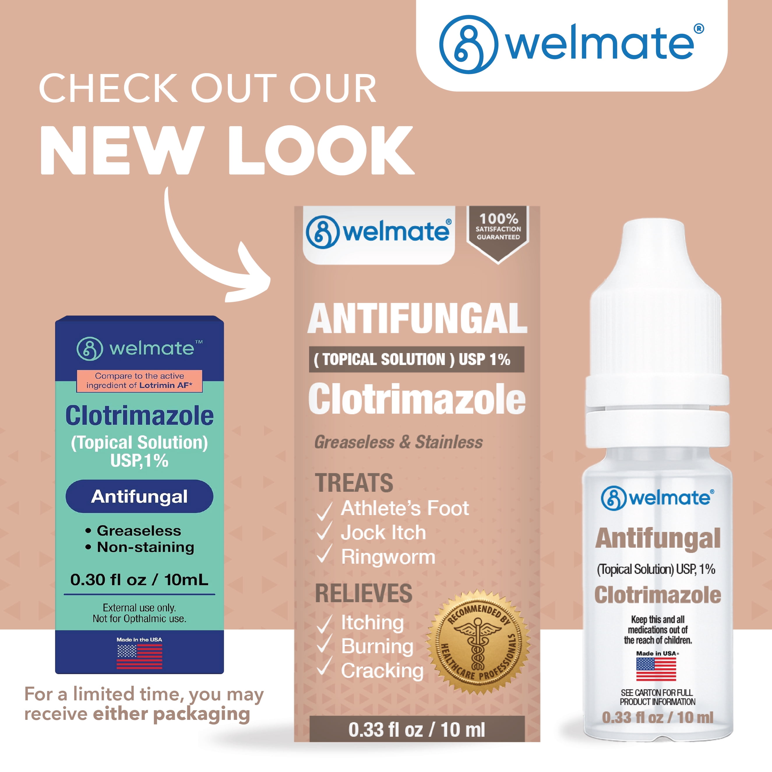 WELMATE Clotrimazole 1% Antifungal Solution for Athlete's Foot, Cracked & Dry Skin Relief, 0.33 FL oz