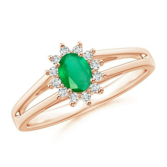 ANGARA Natural Princess Diana Inspired Emerald Halo Split Shank Ring in 14K Rose Gold for Women (Size-5x4mm) | May Birthstone, Birthday, Anniversary, Jewelry Gift for Women | Natural Emerald Ring