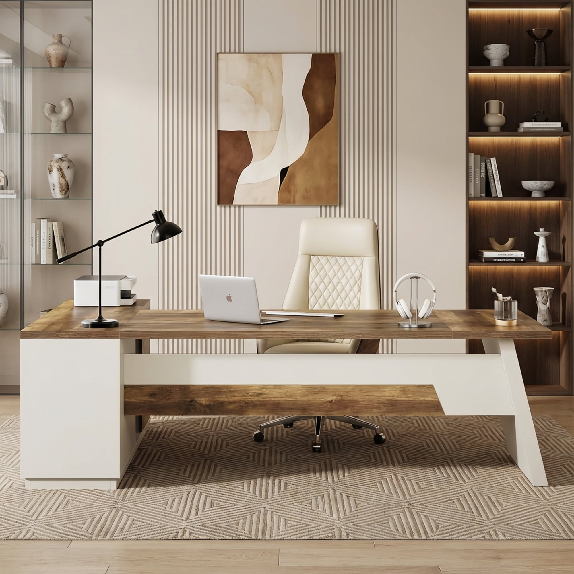 Modern L-Shaped Executive Desk 78-Inch Large Office Desk with Lateral File Cabinet and Storage Shelves Home Office Workstation Walnut Black