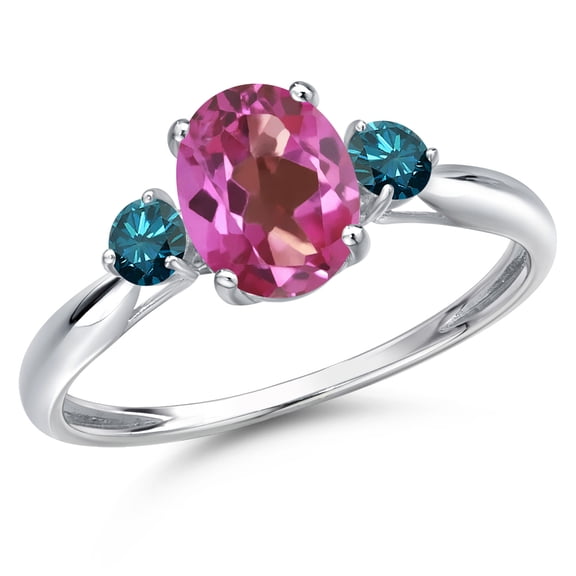 Gem Stone King 10K White Gold Pink Mystic Topaz and Blue Diamond 3-Stone Ring for Women | 1.50 Cttw | Oval 8X6MM | Gemstone November Birthstone | Size 8