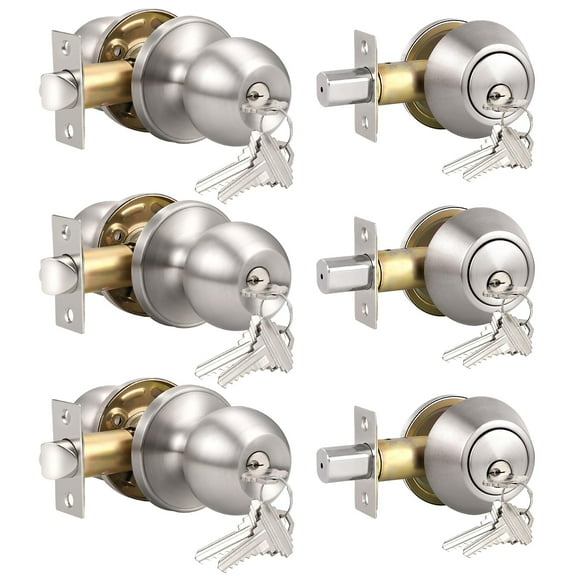 Knobonly 3 Set Keyed Same Entry Door Knob With Single Cylinder Deadbolt One Keyway Door Lock Set In Satin Nickel Finish Indoor/Outdoor Security Door Handles
