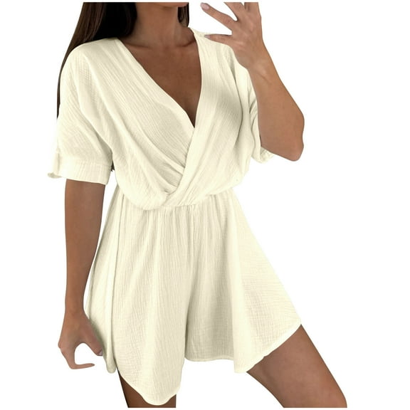 REALiKUN Casual Linen Rompers for Women Summer Loose Short Sleeve V Neck Flowy Shorts Jumpsuit Beach Vacation Outfits