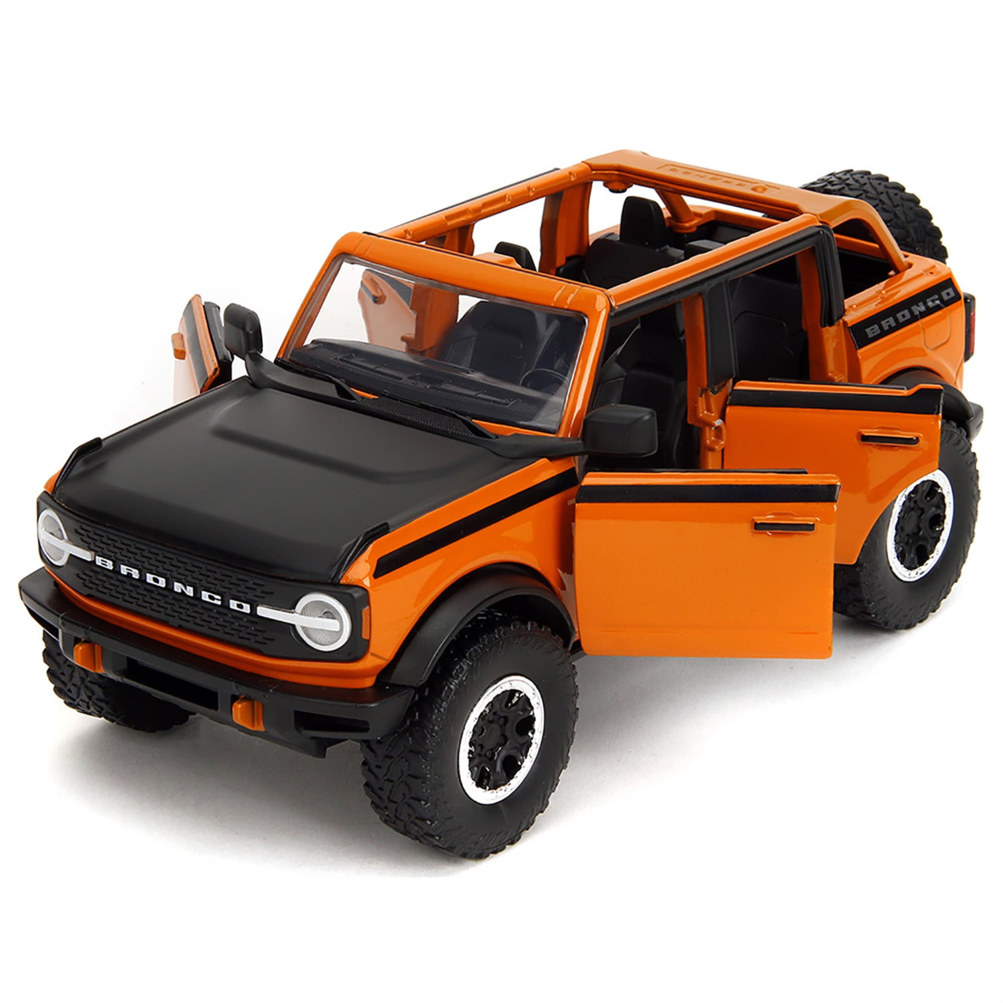 2021 Ford Bronco Open-Top Orange with Black Stripes and Hood with Extra Wheels "Just Trucks" Series 1/24 Diecast Model Car by Jada
