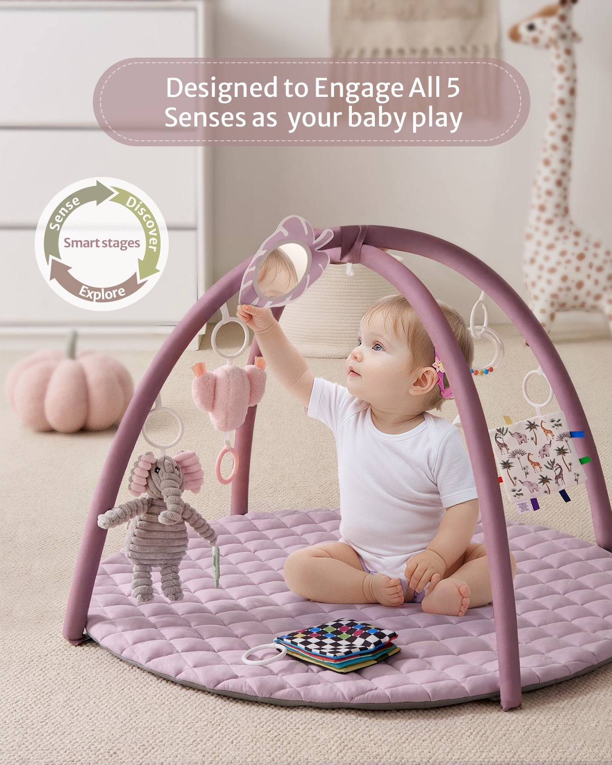 Blissful Diary Baby Play Gym Activity Mat, Tummy Time Mat Play Mat with 6 Sensory Toys for Motor Skill Development, Newborn Infant Baby Essentials Gift for Girls, Lilac Pink