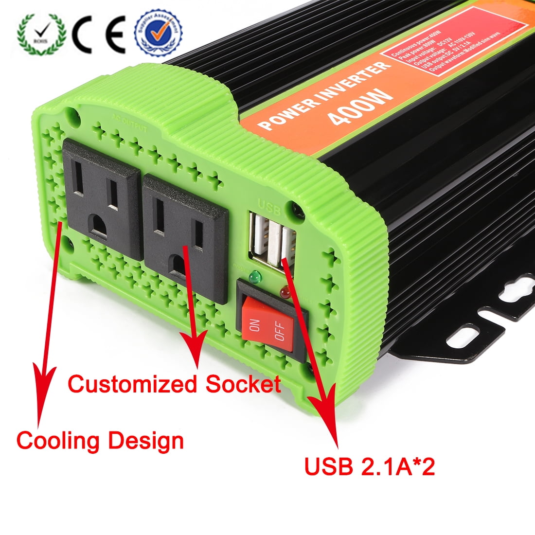 400W Power Inverter DC 12V to AC 110V130V with 2.1A Dual USB Car