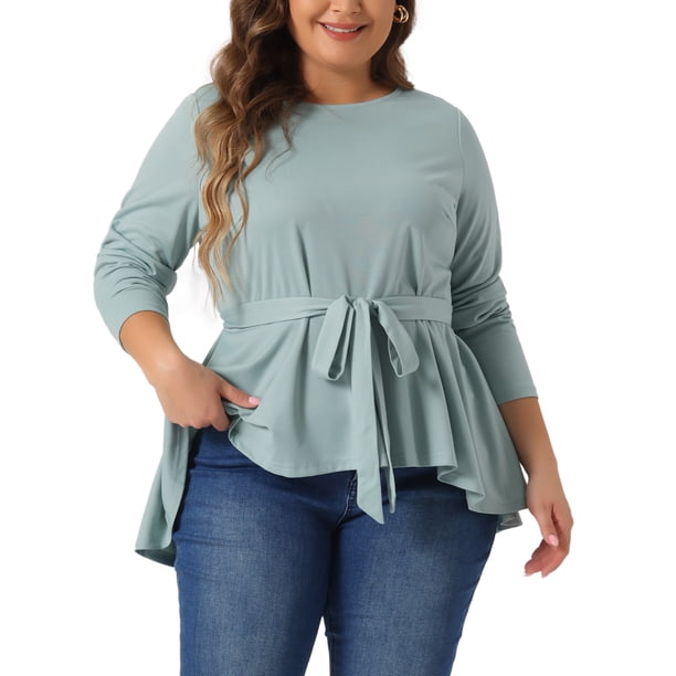 Blusa casual de cuello redondo asimétrica de mujer plus size GRACE & GRANDEUR con cinturón 2X verde gris