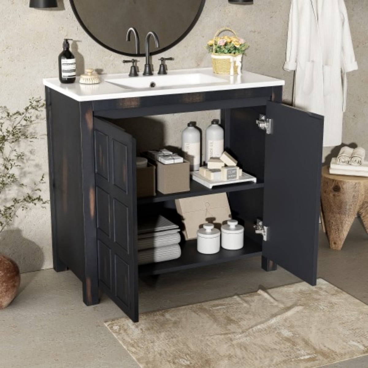 36" Bathroom Vanity with Ceramic Sink, Freestanding Bathroom Cabinet, Solid Wood Frame, Soft Close Doors, Vintage Espresso Storage Organizer