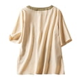 thumbnail image 4 of Wycnly Womens Tops Dressy Casual Loose Fit Irregular Side Slit Cotton Linen Fashion Pullover Shirts Summer Short Sleeve Round Neck Tops Leaves Print Blouse Beige l, 4 of 5