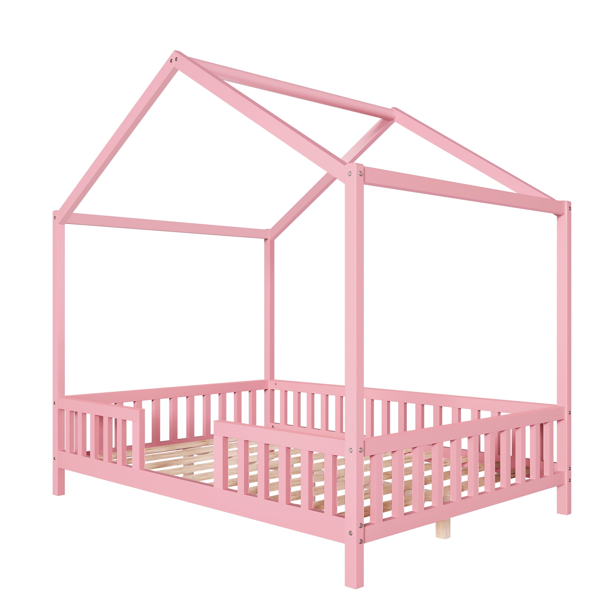 MODERNLUXE Full Size Montessori Floor Bed with Canopy,House Bed Frame with High Railings and Roof,Wood Tent Bed for Teens Girls & Boys,Pink