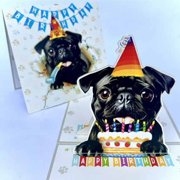 3D Pop-Up Black Pug Dog Birthday Card - Cute Pug with Cake Celebration, Whimsical Happy Birthday Greeting for Dog Lovers