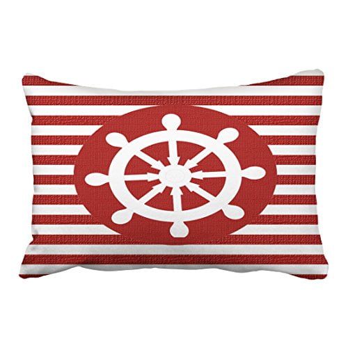 RYLABLUE Housses d'Oreillers à Jet Rectangulaire Barre Nautique sur Toile de Jute Blanc Rayures Rouge Foncé Coussins Ronds Polyester 20 x 30 Pouces avec Fermeture à Glissière Cachée Maison Coussin Coussin Décoratif Taie d'Oreiller