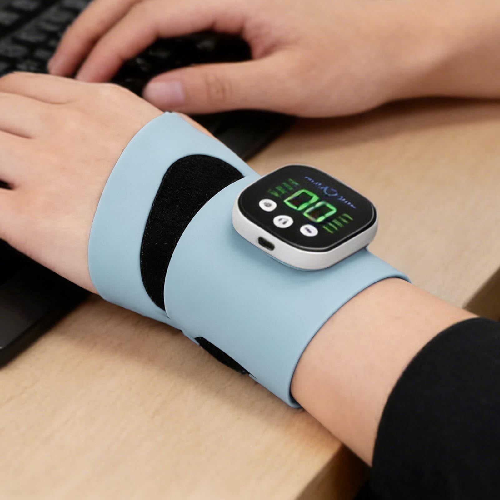 Rechargeable Adjustable Electric Wrist Massager, Cordless Wrist Heating Pad with Heat, 8 Massage Modes 30 Intensity Levels, Wearable Hand Heating Brace for Daily & Sports Use