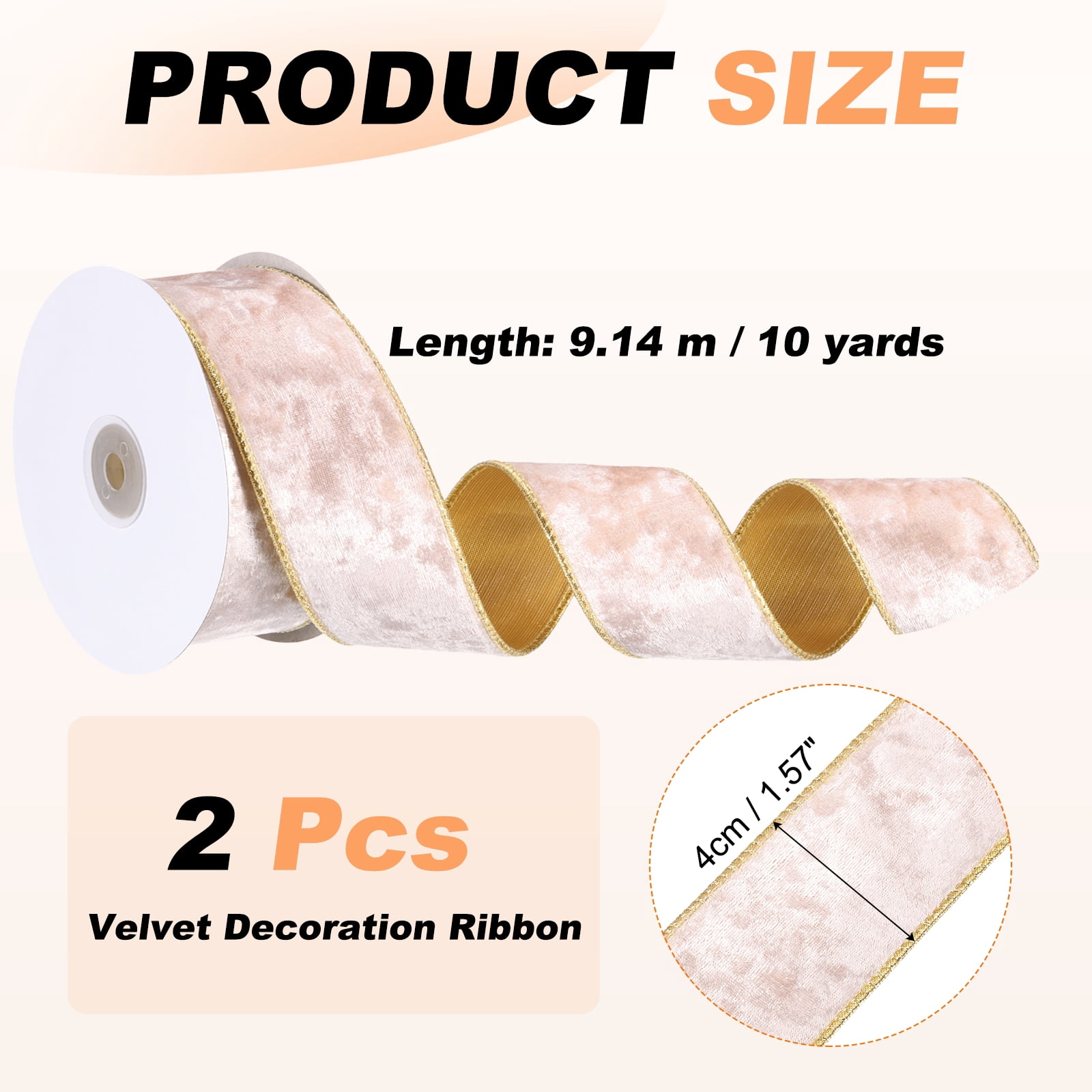 Uxcell Velvet Wired Ribbon, (1.6 Inch x 10 Yards, 2 Pcs)(Pink) Velvety Gold Crushed Ribbons Gift Wrapping Binding, Suit For- Crafts/Bow/Wreaths/Christmas Tree Decoration