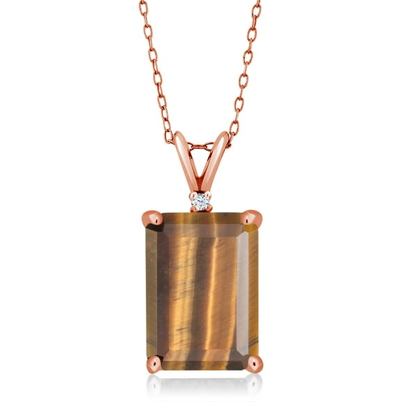 Gem Stone King 18K Rose Gold Plated Silver Brown Tiger Eye Pendant Necklace for Women (6.52 Cttw, Gemstone Birthstone, Emerald Cut 14X10MM, with 18 inch Silver Chain)